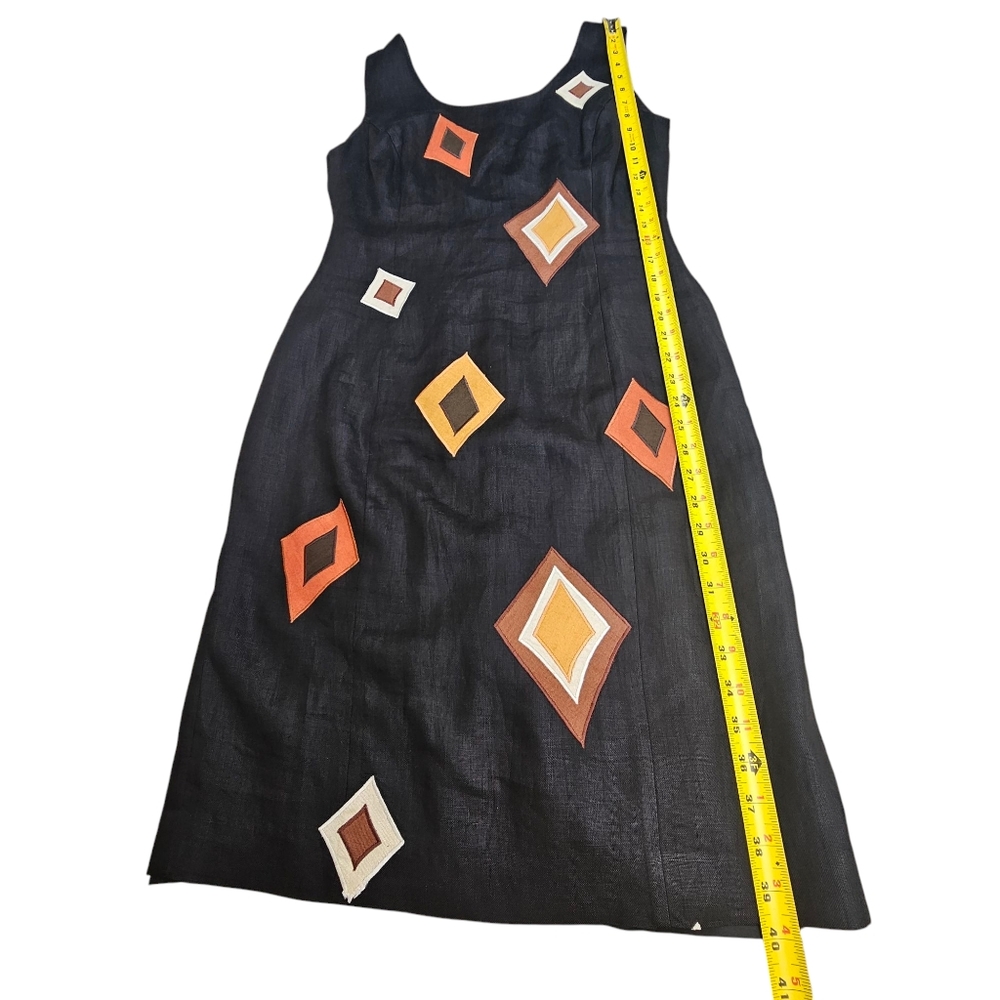 Andrea Jovine Vintage Black Linen Diamond Patch Sleeveless Sheath Dress Size 12 - Picture 7 of 10
